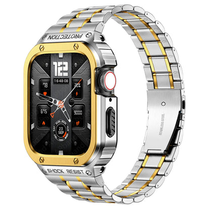 Stainless Steel Link Bracelet with Silicone Protector for Apple Watch - Stylish Metal Strap Cover